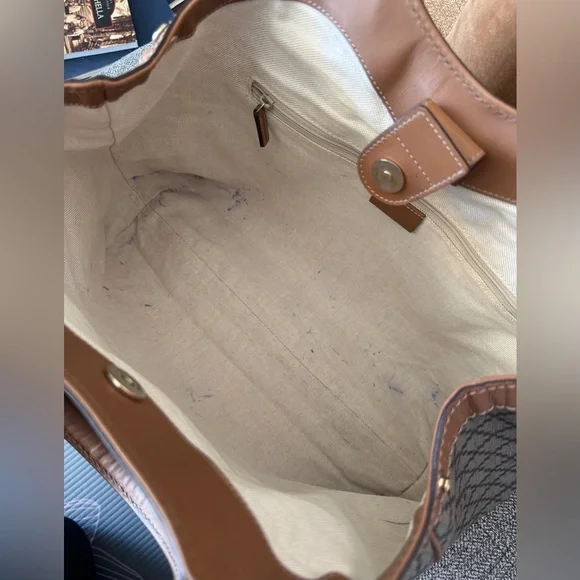 Designer-Style Brown Patterned Tote Bag with Tan Leather Trim - Picture 12 of 16